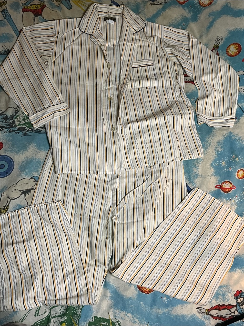 Vintage Striped Cotton Men’s Pajama Set - White with Blue & Yellow Stripes Large